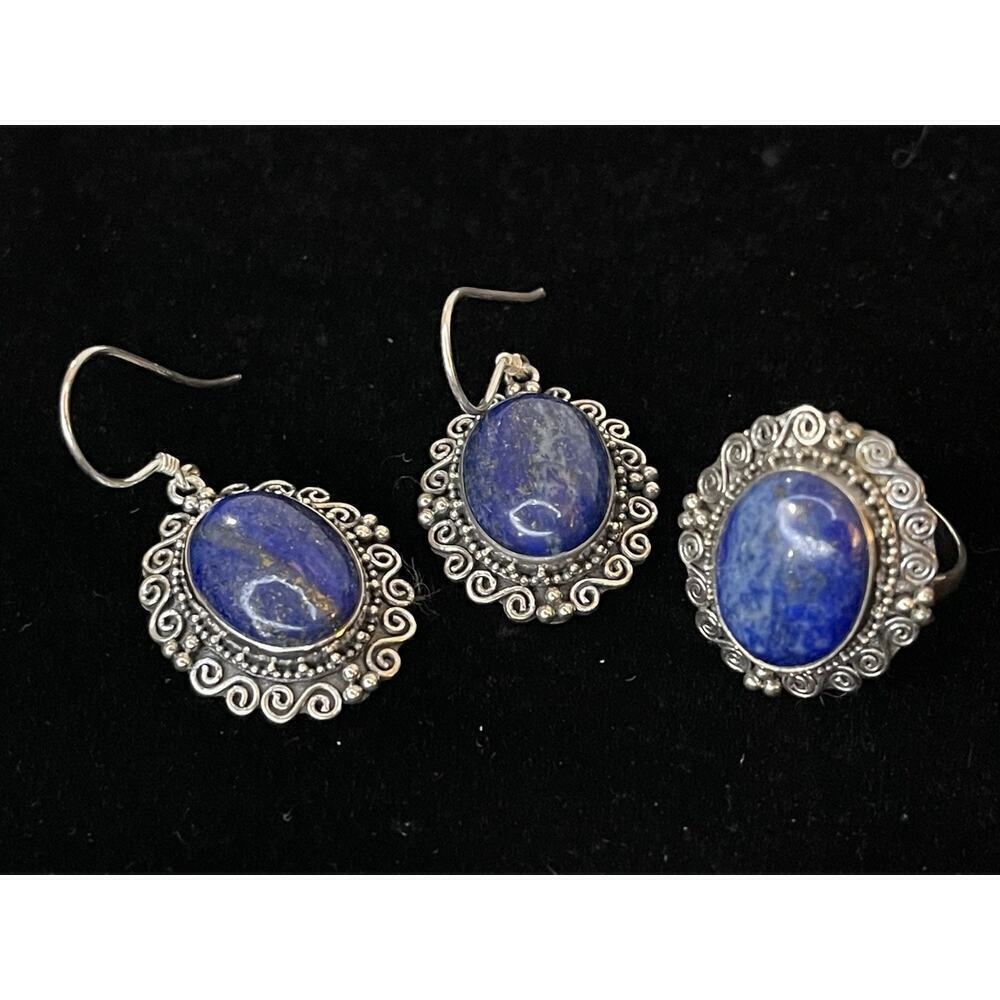 Lapis Lazuli Scroll 925 Silver Stud Earrings & Matching Ring Size 7.25 Blue